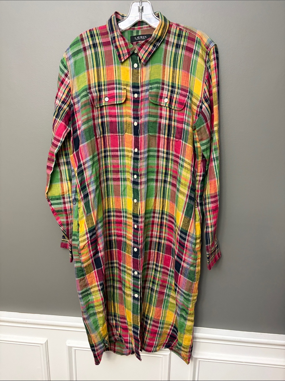 Lauren Ralph Lauren Yellow, Green, Pink Plaid 100% Linen Button Dress Size 10